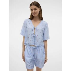 NWT Vero Moda Blue Cherry Print Tie Front Blouse Girly Cottage Size Small